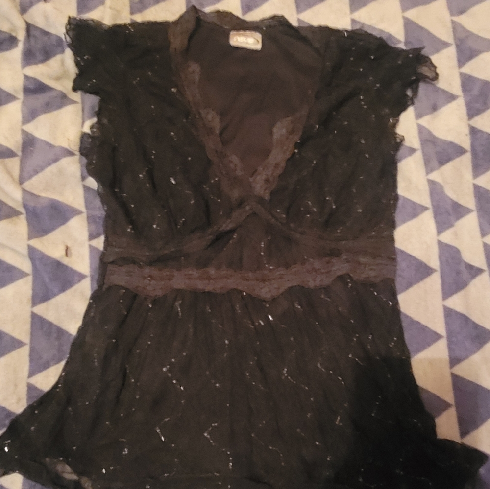 Women's Black & Silver short sleeve dress shirt